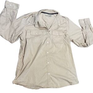 L.L. Bean Polka Dot Button Up Shirt XLG Stretch Cotton Roll Tab Sleeves